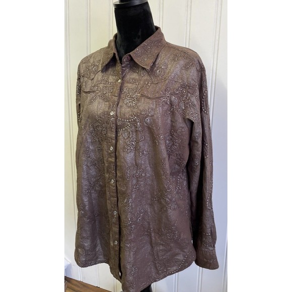 Vintage Wrangler Women Pearl Snap Button Up Shirt Brown Stitched Floral Size XXL - Picture 3 of 15